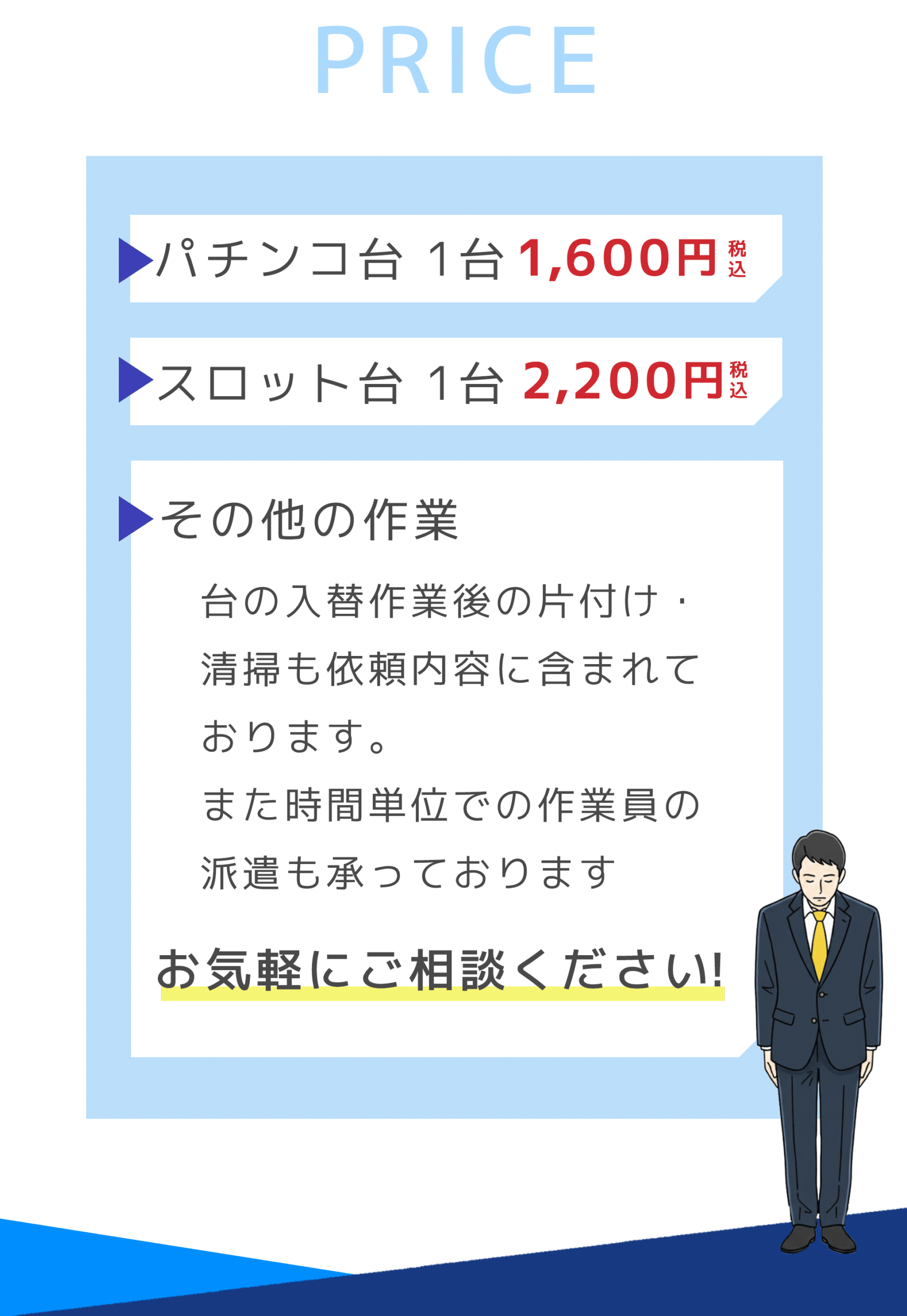 料金
パチンコ台　１６００円税込み/台
スロット台　２２００円税込み/台
その他の作業　時間単位での作業員派遣もあり
お気軽にご相談ください

